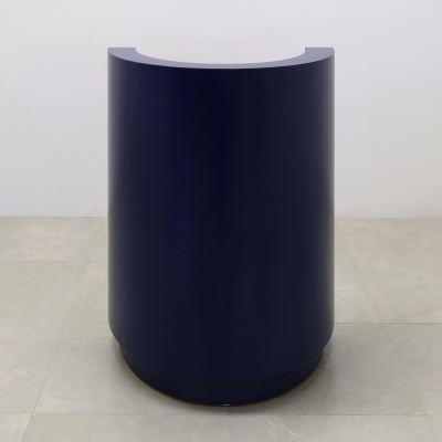 32-inch Lima Round Podium & Host Custom Desk in navy blue matte laminate main desk and toe-kick.