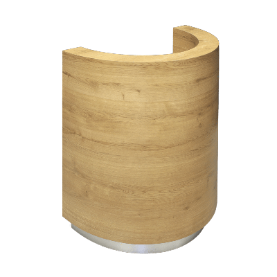 32-inch Lima Round Podium & Host Custom Desk in planked urban oak matte laminate main desk and brushed aluminum toe-kick.