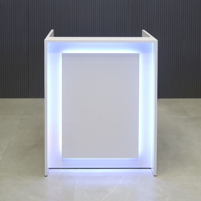 32-inch New York U-Shape Podium & Host Custom Desk in white gloss laminate main desk, front panel & accent recessed, and color changing LED.