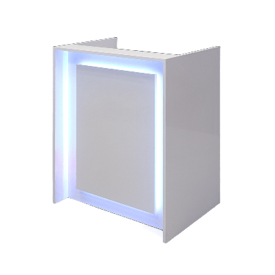 32-inch New York U-Shape Podium & Host Custom Desk in white gloss laminate main desk, front panel & accent recessed, and color changing LED.