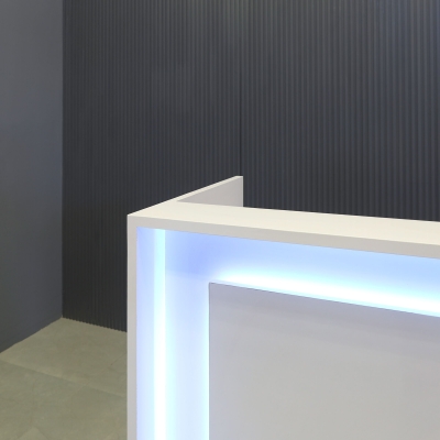 32-inch New York U-Shape Podium & Host Custom Desk in white gloss laminate main desk, front panel & accent recessed, and color changing LED.