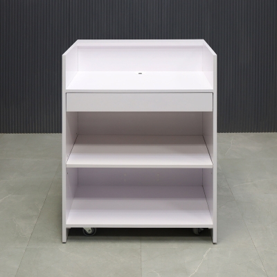 32-inch New York U-Shape Podium & Host Custom Desk in white gloss laminate main desk, front panel & accent recessed, and color changing LED. Small drawer, adjustable shelf and set of wheels.