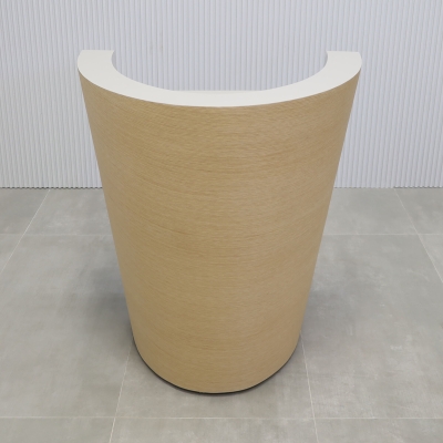 35-inch Osaka Lectern & Host Custom Desk in white oak venneer front desk, and folkstone gray matte laminate workspace.