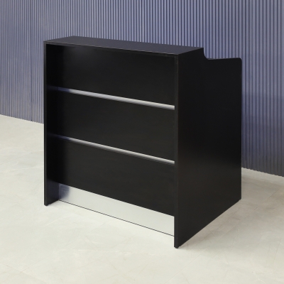 36-inch New Jersey Podium & Host Custom Reception Desk in black matte laminate main desk & front panels, and brushed aluminum accent & toe-kick.