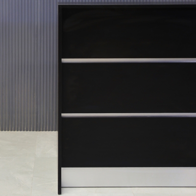 36-inch New Jersey Podium & Host Custom Reception Desk in black matte laminate main desk & front panels, and brushed aluminum accent & toe-kick.