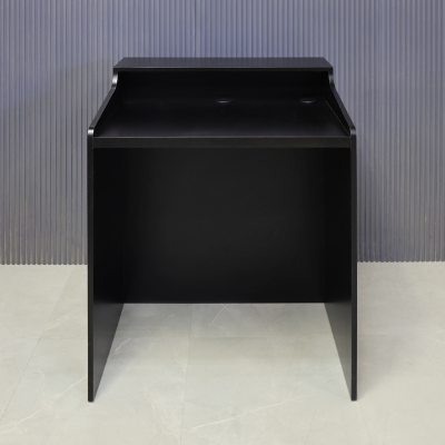 36-inch New Jersey Podium & Host Custom Reception Desk in black matte laminate main desk & front panels, and brushed aluminum accent & toe-kick.