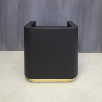 36-inch Nola Podium & Host in black traceless laminate main desk and brushed gold toe-kick.