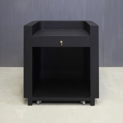 36-inch Nola Podium & Host in black traceless laminate main desk and brushed gold toe-kick. Built-in pencil drawer with lock and fixed shelf.
