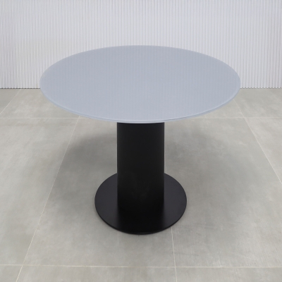 36-inch California X2 Round Conference Table in 1/2-inch dark gray tempered glass top, black traceless laminate pedestal, and black stainless steel base. 
