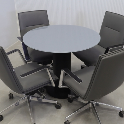 36-inch California X2 Round Conference Table in 1/2-inch dark gray tempered glass top, black traceless laminate pedestal, and black stainless steel base. 