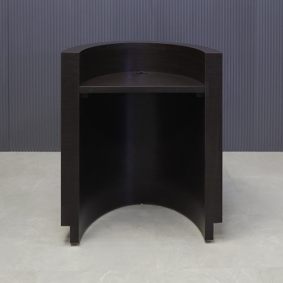 32-inch Lima Round Podium & Host Custom Desk in ebony recon matte laminate main desk and gold aluminum toe-kick.