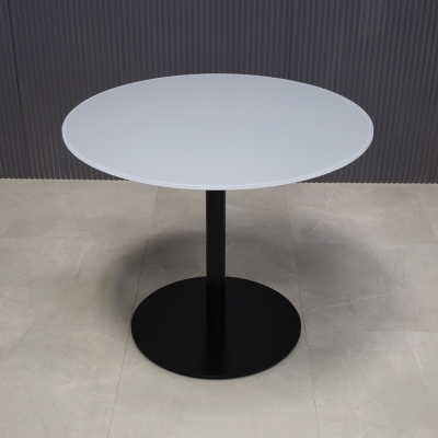 36-inch California Round Conference Table with 1/2-inch light gray tempered glass top and black stainless steel base.
