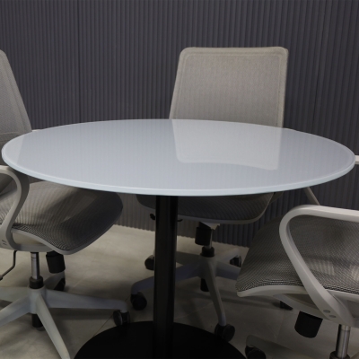 36-inch California Round Conference Table with 1/2-inch light gray tempered glass top and black stainless steel base.