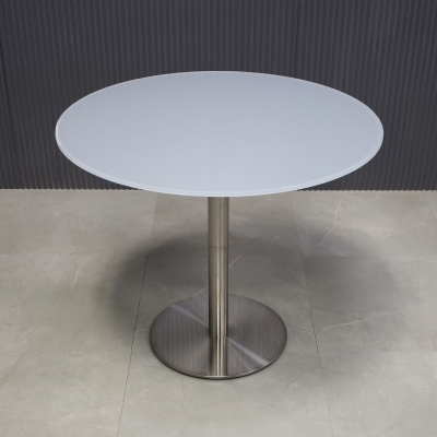 36-inch California Round Conference Table with 1/2-inch light gray tempered glass top and silver stainless steel base.