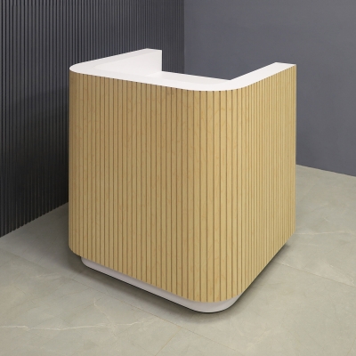 36-inch Nola Podium & Host Custom Desk in maple tambour main desk, and white matte laminate workspace & toe-kick.