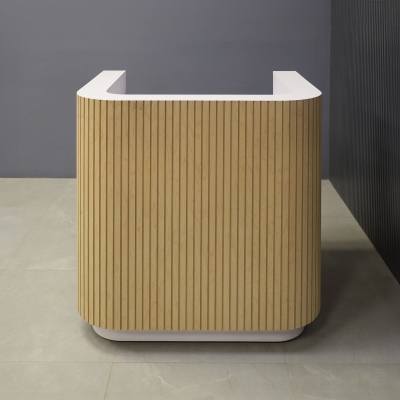 36-inch Nola Podium & Host Custom Desk in maple tambour main desk, and white matte laminate workspace & toe-kick.