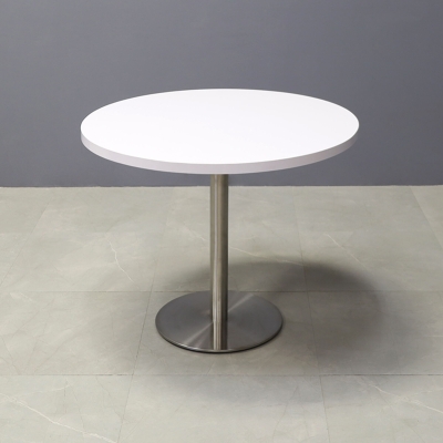 36-inch California Round Conference Table in white gloss laminate top and silver stainless steel base.