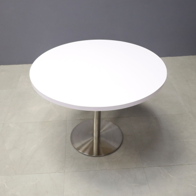 36-inch California Round Conference Table in white gloss laminate top and silver stainless steel base.