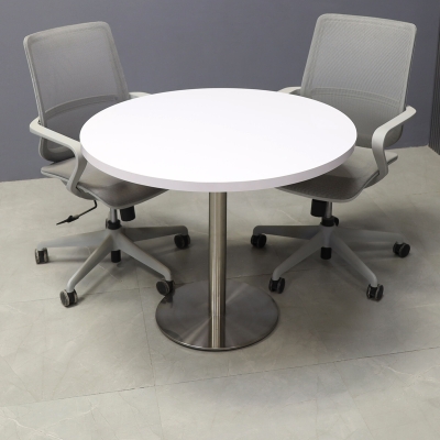 36-inch California Round Conference Table in white gloss laminate top and silver stainless steel base.