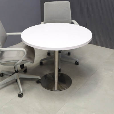 36-inch California Round Conference Table in white gloss laminate top and silver stainless steel base.