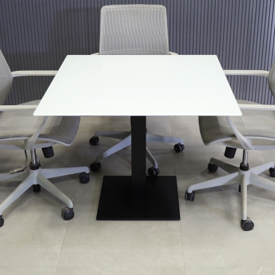 36-inch California Square Cafeteria Table with 1/2-inch white tempered glass top and black stainless steel base.