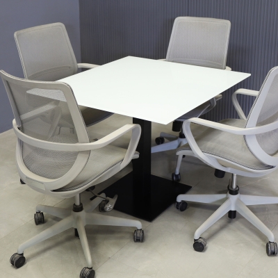 36-inch California Square Cafeteria Table with 1/2-inch white tempered glass top and black stainless steel base.