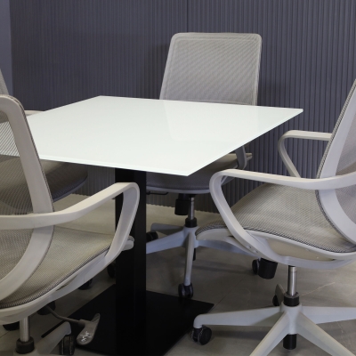 36-inch California Square Conference Table with 1/2-inch White tempered glass top and black stainless steel base.