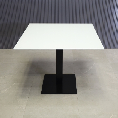 36-inch California Square Cafeteria Table with 1/2-inch white tempered glass top and black stainless steel base.