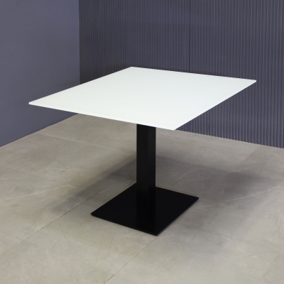 36-inch California Square Cafeteria Table with 1/2-inch white tempered glass top and black stainless steel base.