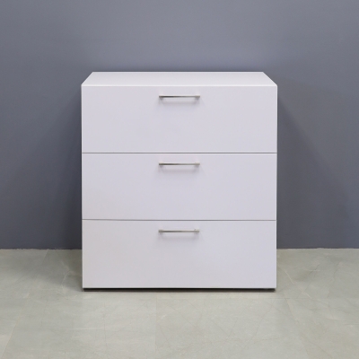 42-inch height Naples Lateral File Cabinet in white gloss laminate cabinet.