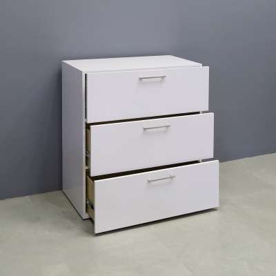 42-inch height Naples Lateral File Cabinet in white gloss laminate cabinet.