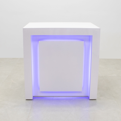 40-inch New York Retail Custom Reception Desk in white gloss laminate desk, and color changing LED.