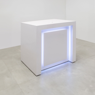 40-inch New York Retail Custom Reception Desk in white gloss laminate desk, and warm white LED.