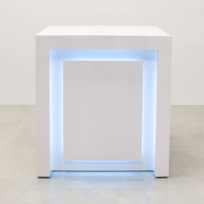 40-inch New York Retail Custom Reception Desk in white gloss laminate desk, and color changing LED.
