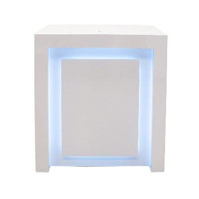 40-inch New York Retail Custom Reception Desk in white gloss laminate desk, and color changing LED.