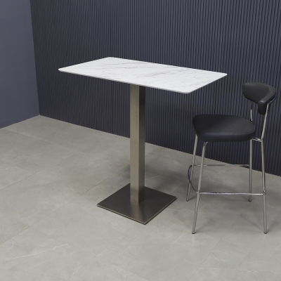 41-inch California Rectangular Bar Table in 1/2-inch calcutta blanc engineered surface top and brushed stainless steel base.