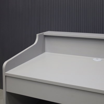 42-inch New Jersey Podium & Host Reception Desk in fog gray matte laminate main desk and white acrylic front panels.