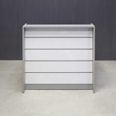 42-inch New Jersey Podium & Host Reception Desk in fog gray matte laminate main desk and white acrylic front panels.