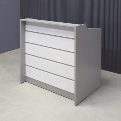 42-inch New Jersey Podium & Host Reception Desk in fog gray matte laminate main desk and white acrylic front panels.