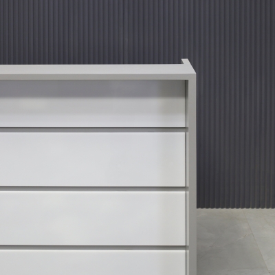 42-inch New Jersey Podium & Host Reception Desk in fog gray matte laminate main desk and white acrylic front panels.