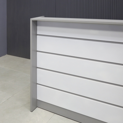 42-inch New Jersey Podium & Host Reception Desk in fog gray matte laminate main desk and white acrylic front panels.