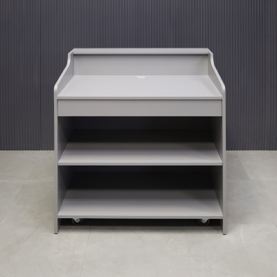 42-inch New Jersey Podium & Host Reception Desk in fog gray matte laminate main desk and white acrylic front panels.