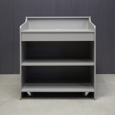 42-inch New Jersey Podium & Host Reception Desk in fog gray matte laminate main desk and white acrylic front panels.