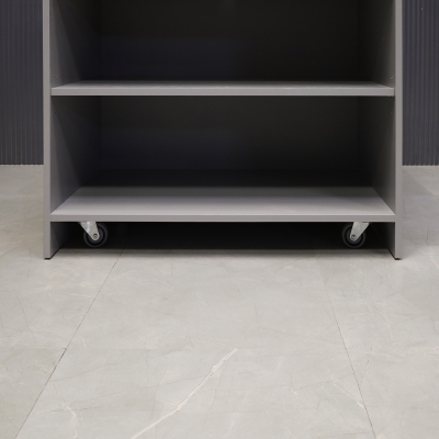 42-inch New Jersey Podium & Host Reception Desk in fog gray matte laminate main desk and white acrylic front panels.