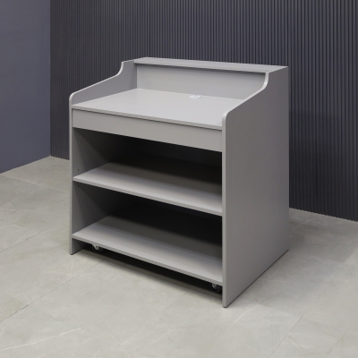 42-inch New Jersey Podium & Host Reception Desk in fog gray matte laminate main desk and white acrylic front panels.