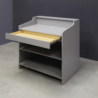 42-inch New Jersey Podium & Host Reception Desk in fog gray matte laminate main desk and white acrylic front panels.