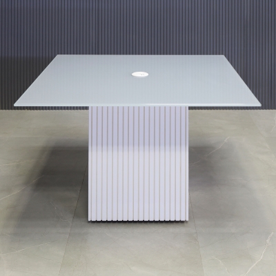 42-inch Omaha Square Conference Table in 1/2-inch light gray tempered glass top and white gloss tambour base, with white MX1 power box.