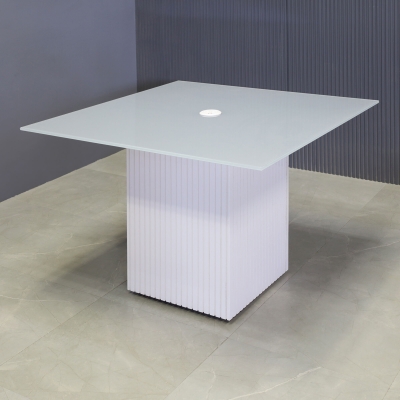42-inch Omaha Square Shape Conference Table in 1/2-inch light gray tempered glass top with our white MX1 powerbox, and dover off-white gloss tambour base.