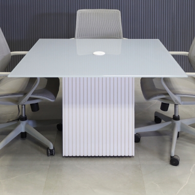 42-inch Omaha Square Conference Table in 1/2-inch light gray tempered glass top and white gloss tambour base, with white MX1 power box.