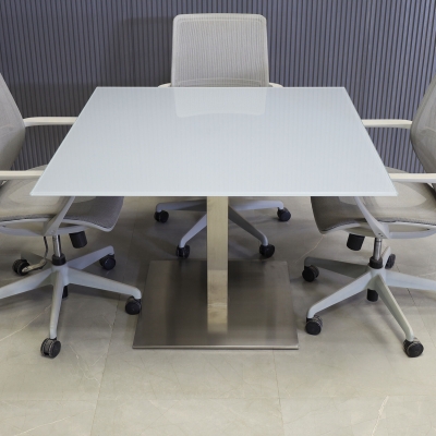 42-inch California Square Conference Table with 1/2-inch Light gray tempered glass top and aluminum stainless steel base.